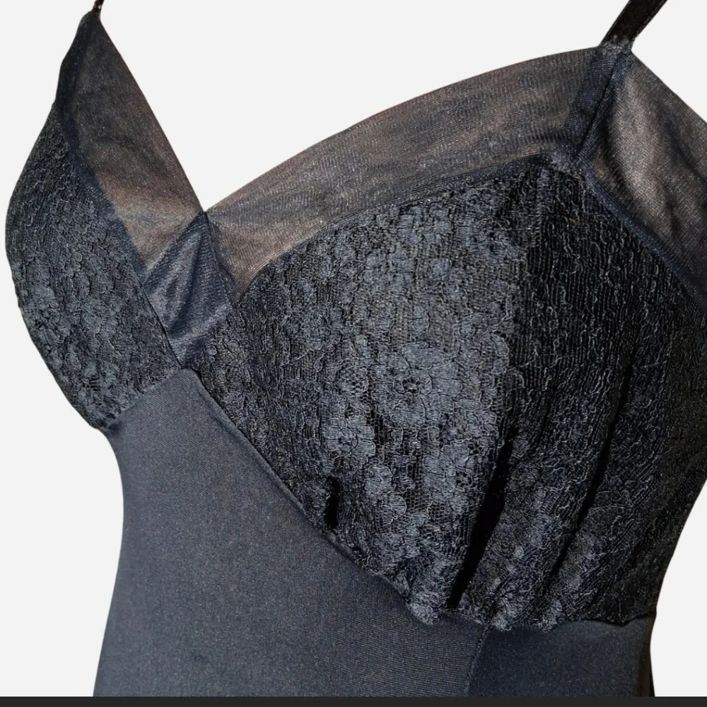 Vintage Lacy Black Midi Slip Dress By Gotham